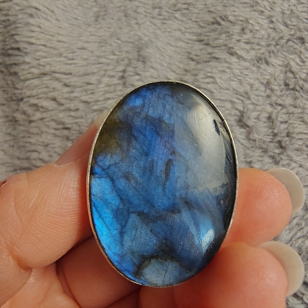 HUGE Blue Flash Oval Labradorite Silver Statement Ring